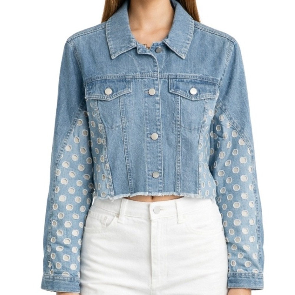 J Brand NWT Ambitious Light‎ Wash Blue Eyelet Polka Dot Cropped Denim Jacket S